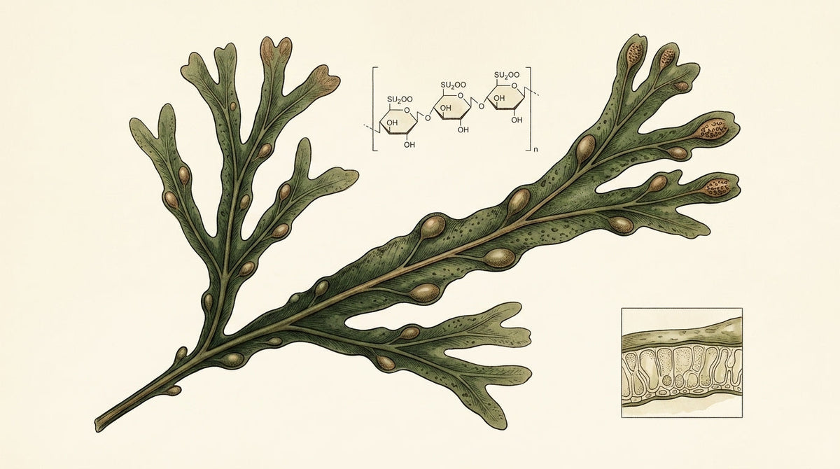 Naturalist-plate illustration of Fucus vesiculosus (bladderwrack) brown seaweed, showing the whole frond with paired air-bladders and reproductive receptacles, with an inset diagram of the fucoidan sulfated fucose repeating unit