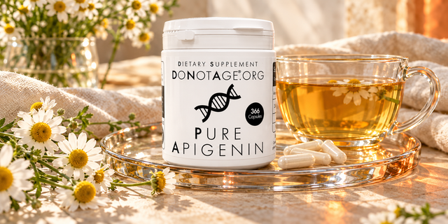 DoNotAge Pure Apigenin with chamomile tea and ivory linen.