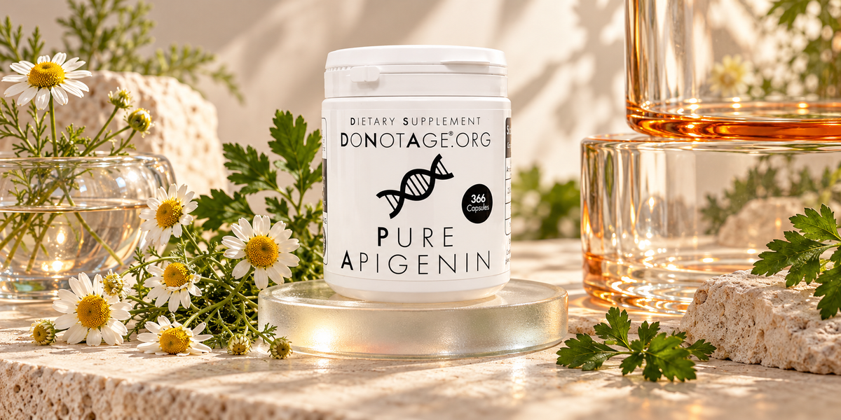 DoNotAge Pure Apigenin bottle on frosted glass with chamomile and parsley.