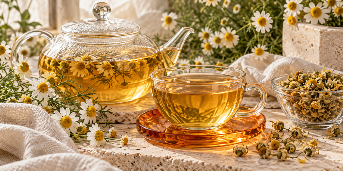 Chamomile tea in clear glass with fresh and dried flowers.