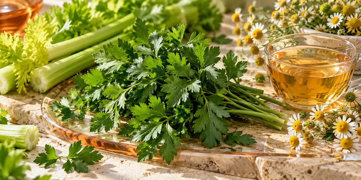 Fresh parsley, celery and chamomile arranged on pale stone.