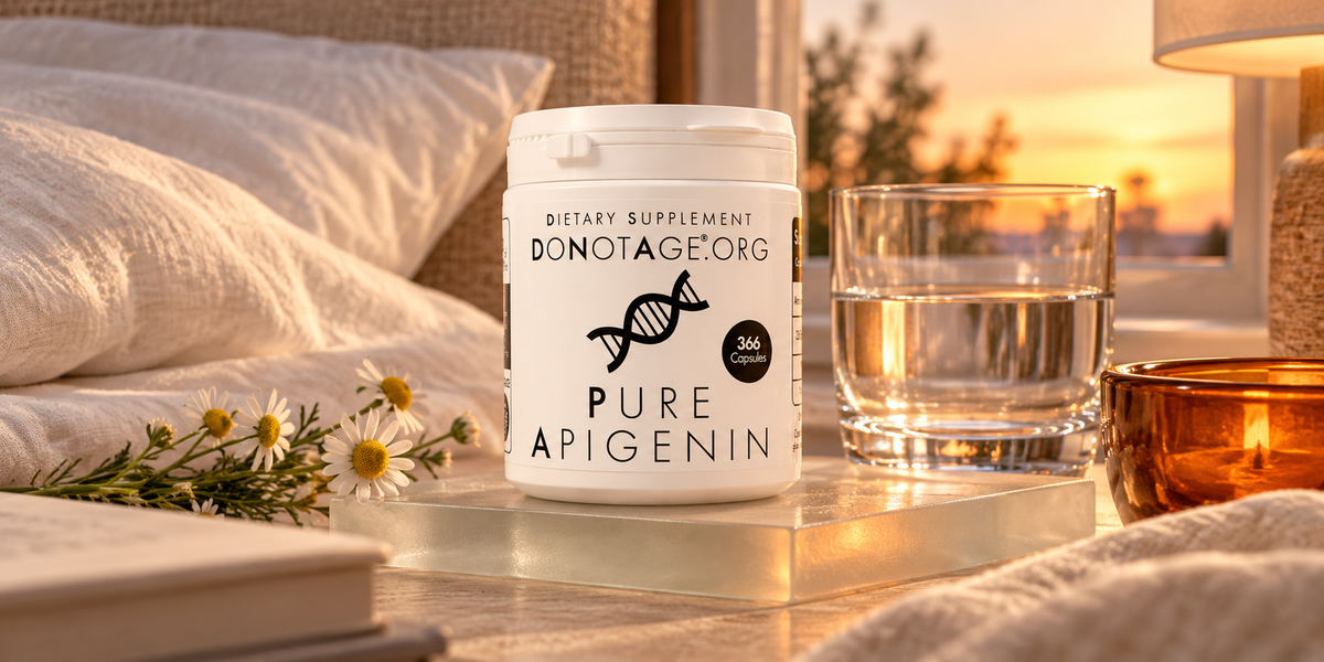 DoNotAge Pure Apigenin beside water, ivory linen and chamomile.