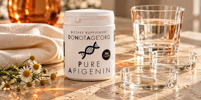 DoNotAge Pure Apigenin with water and nested glass trays.