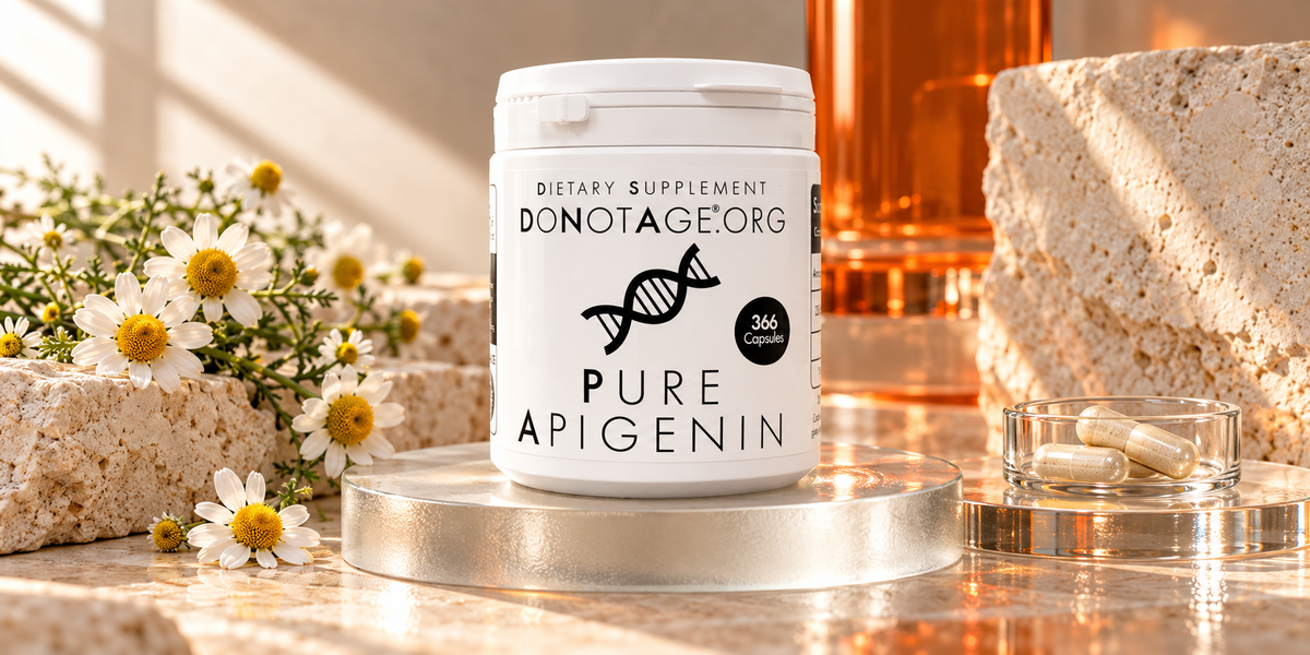DoNotAge Pure Apigenin on frosted glass with capsules and chamomile.