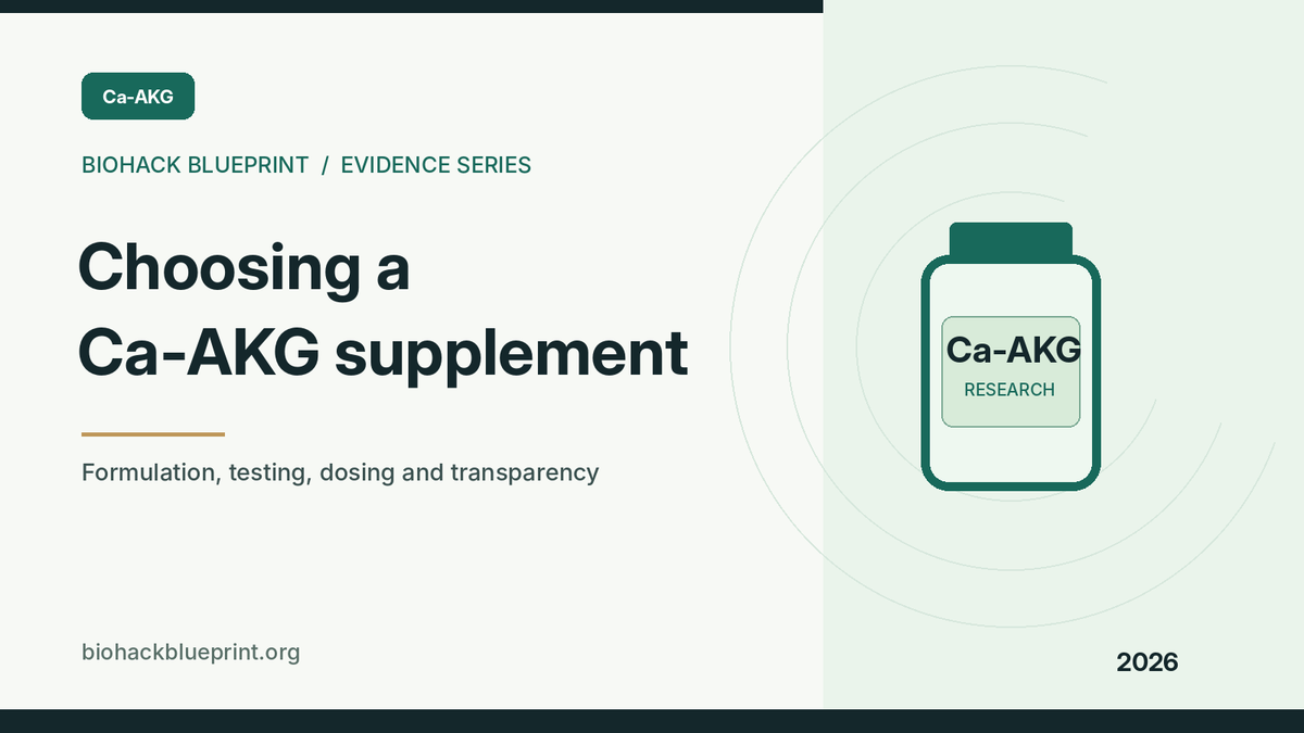 Choosing a Ca-AKG supplement — editorial illustration of a generic supplement bottle