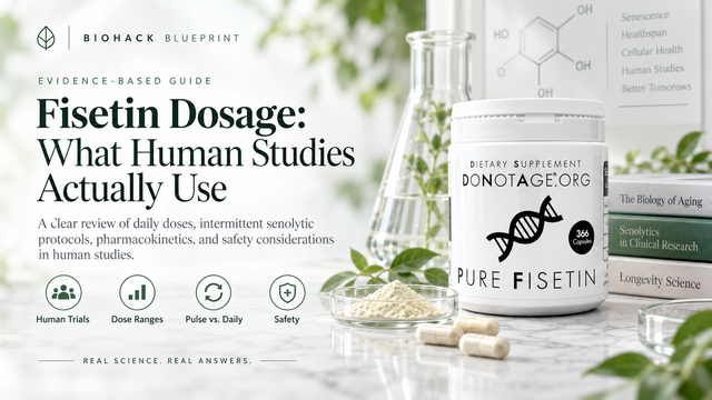 Fisetin dosage evidence guide showing a DoNotAge Pure Fisetin bottle alongside human trial, dose range, pulse-versus-daily and safety themes.