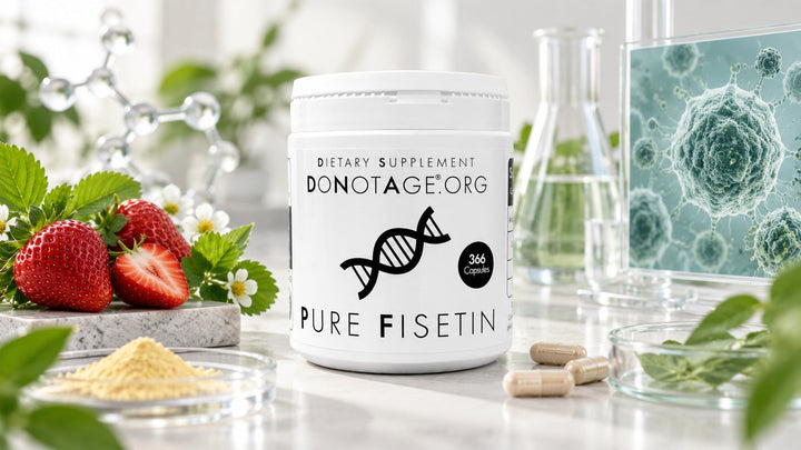 DoNotAge Pure Fisetin supplement in a clean science-led setting for a fisetin senolytic evidence review.