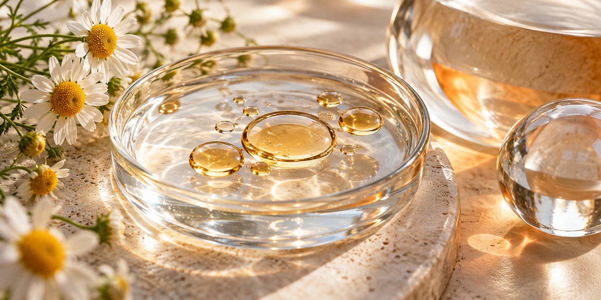 Oil droplets on water with optical glass and chamomile.