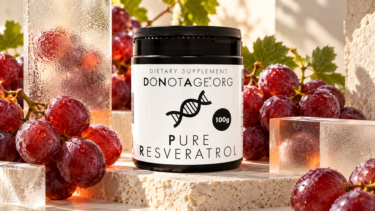DoNotAge Pure Resveratrol tub framed by red grapes and frosted glass slabs.