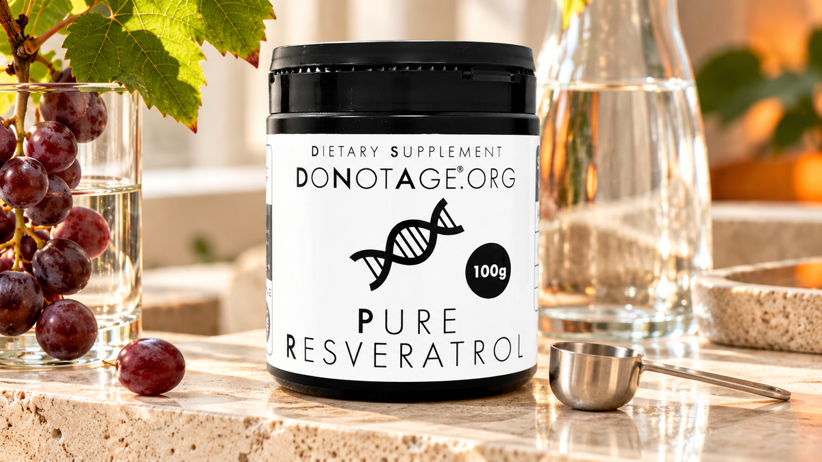 DoNotAge Pure Resveratrol tub with a small unmarked stainless powder scoop on glass