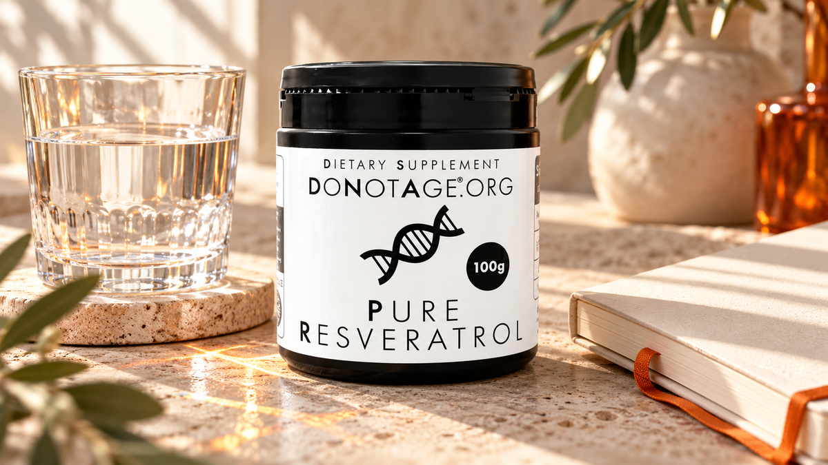 DoNotAge Pure Resveratrol tub beside water and an ivory notebook.