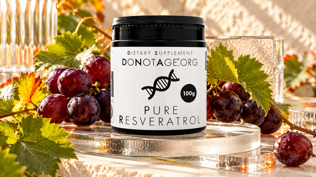 DoNotAge Pure Resveratrol tub on layered frosted and transparent glass with grape leaves.