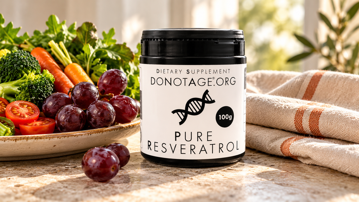 A simple plate of vegetables and grapes beside folded linen and DoNotAge Pure Resveratrol.