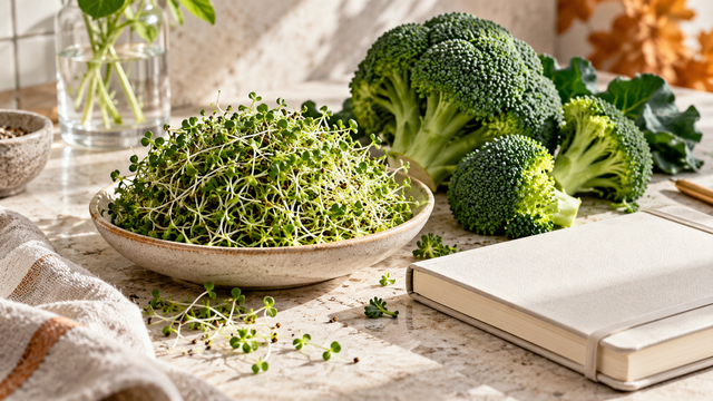 Broccoli and sprouts beside a closed notebook.