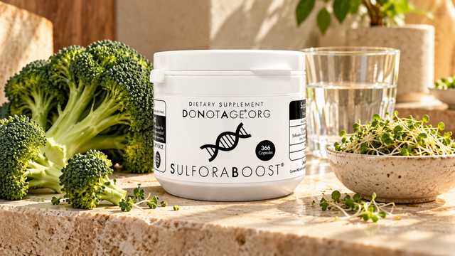 DoNotAge SulforaBoost beside broccoli, sprouts and water.