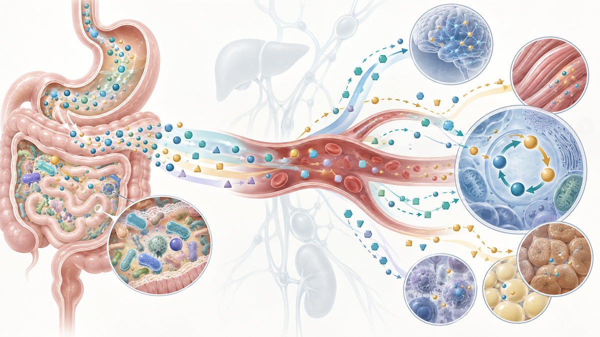 Editorial illustration showing oral NMN processing through the gut microbiome, circulation and tissue-specific NAD metabolism.