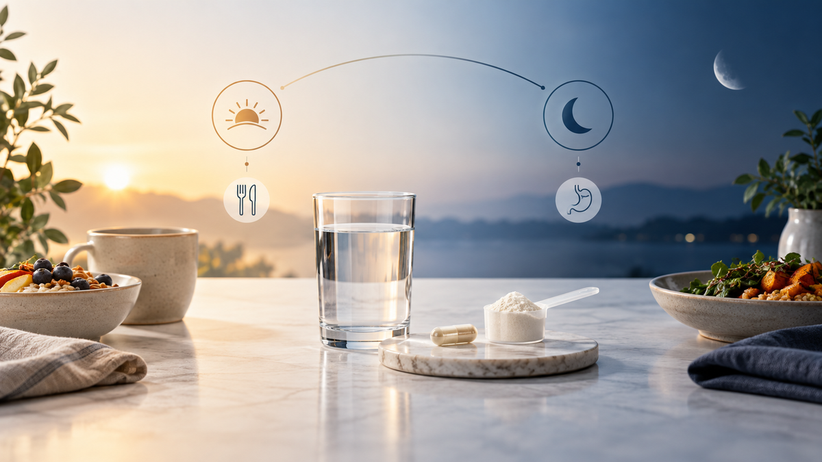 Editorial illustration comparing practical NMN timing, food and fasting choices across a day.