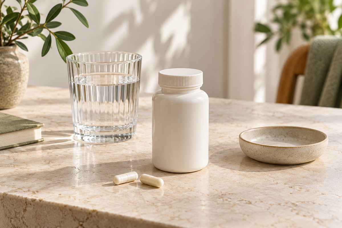 Unbranded supplement container with water and an empty dish.