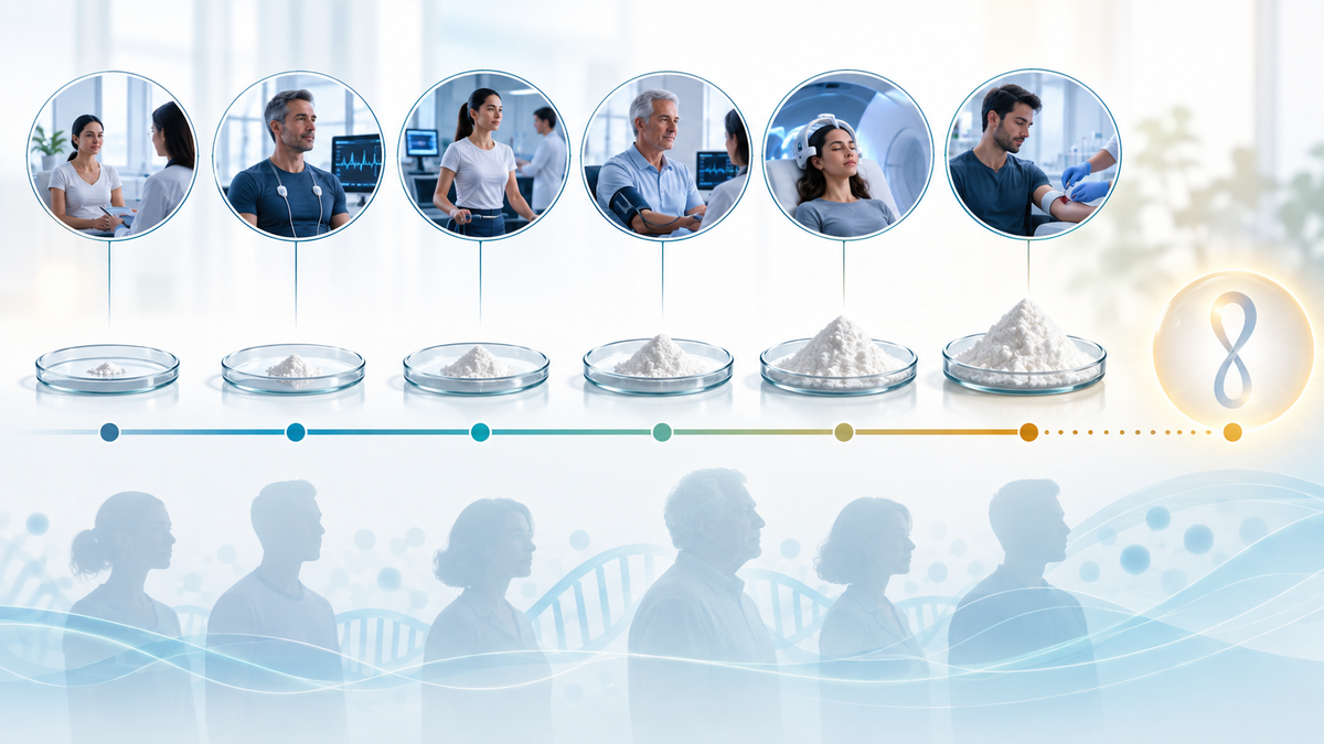 Editorial illustration of the range of NMN doses studied in human trials without implying an established optimal dose.