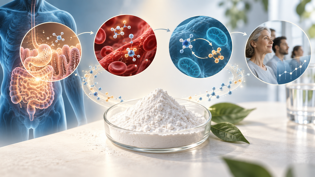 Overview of oral NMN processing through the gut, circulation, cellular NAD metabolism and human research.