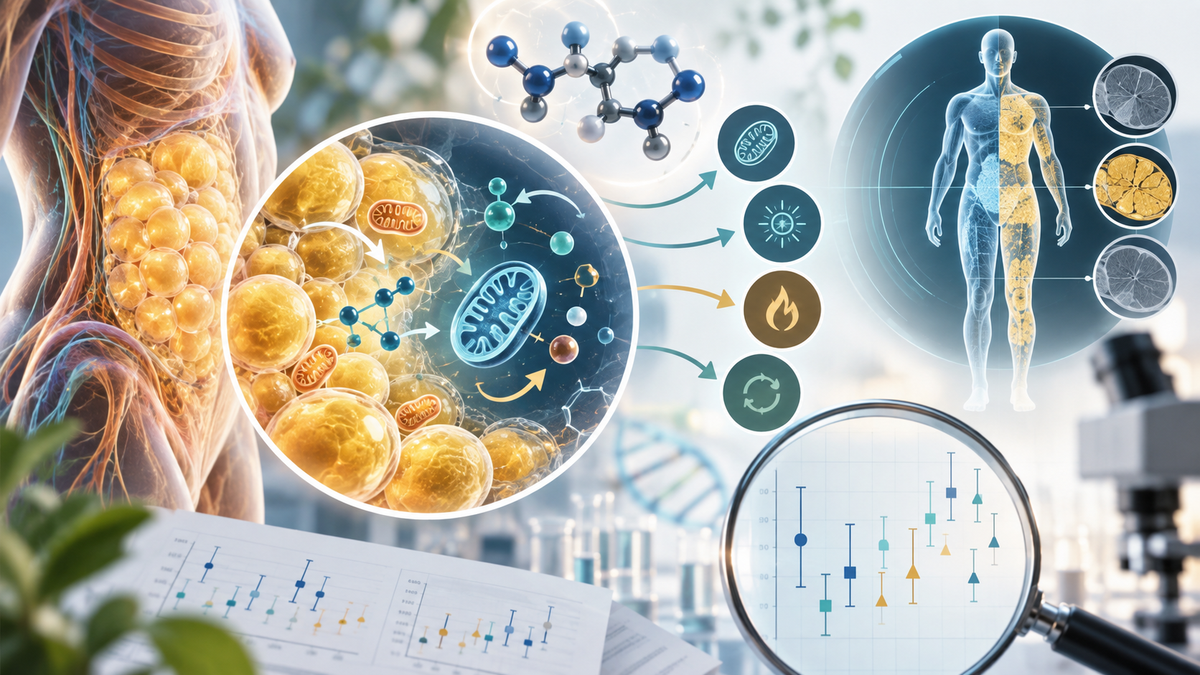 Evidence-focused illustration of adipose tissue, metabolism and body-composition research related to NMN.