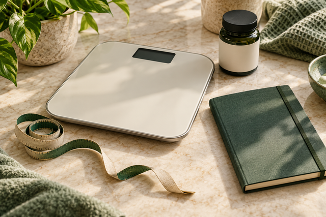 A scale, tape measure, training notebook and supplement jar.