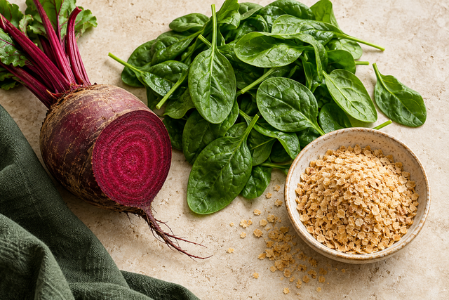 Raw beetroot, spinach leaves and toasted wheat germ arranged in separate bowls.