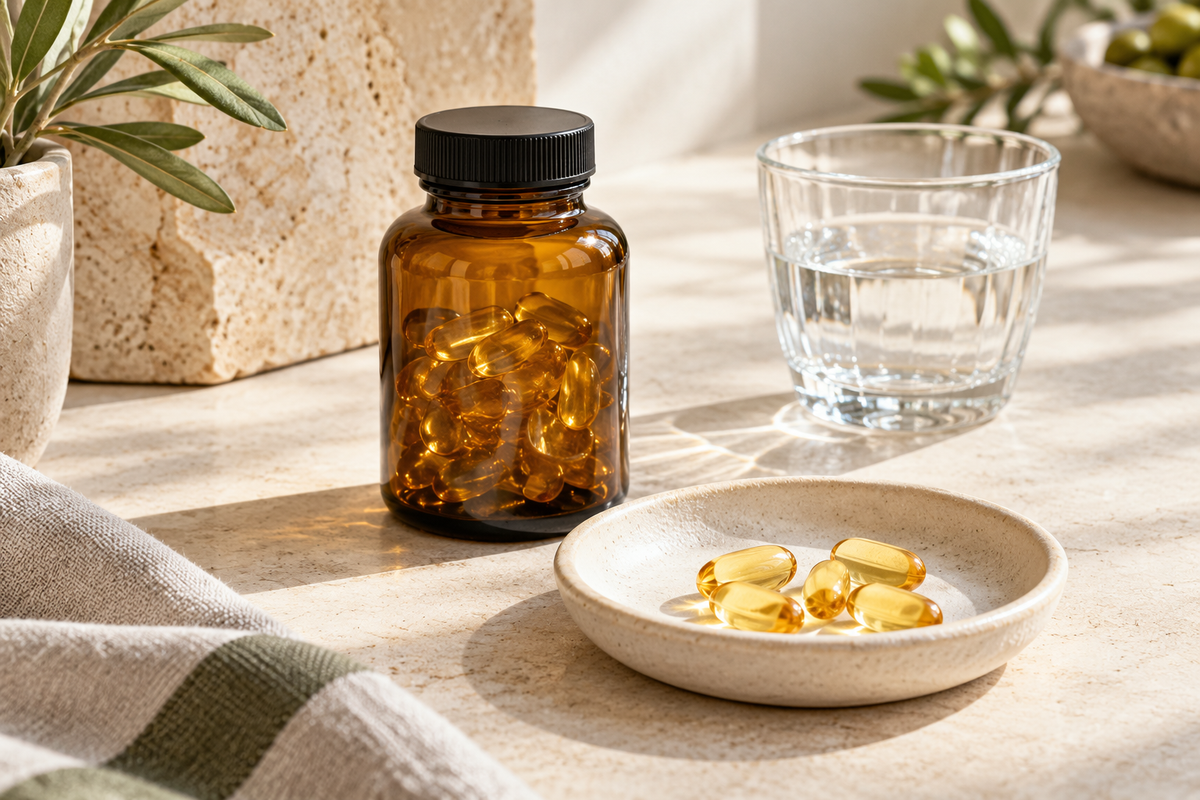 Golden vitamin softgels beside an amber bottle and water.