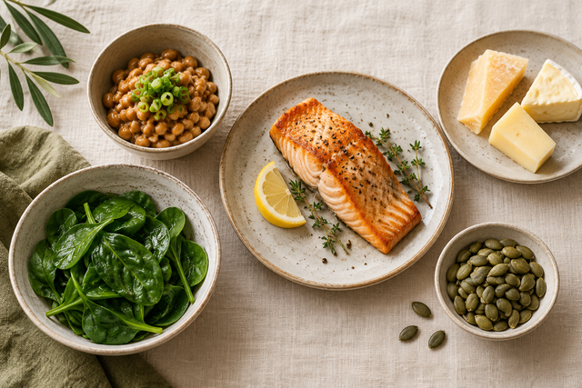 Natto, salmon, pumpkin seeds, spinach and cheese on ceramic dishes.