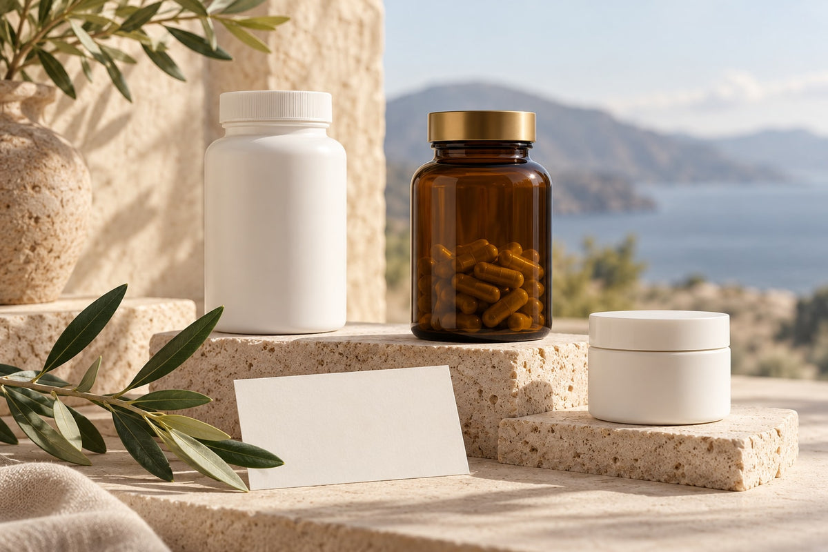 Unbranded supplement containers illustrating product selection