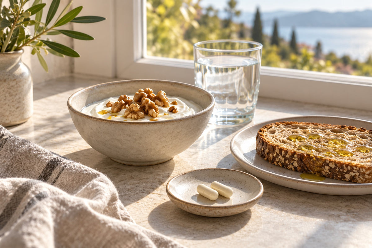 Breakfast with yogurt, walnuts, olive oil and water illustrating a meal-based routine