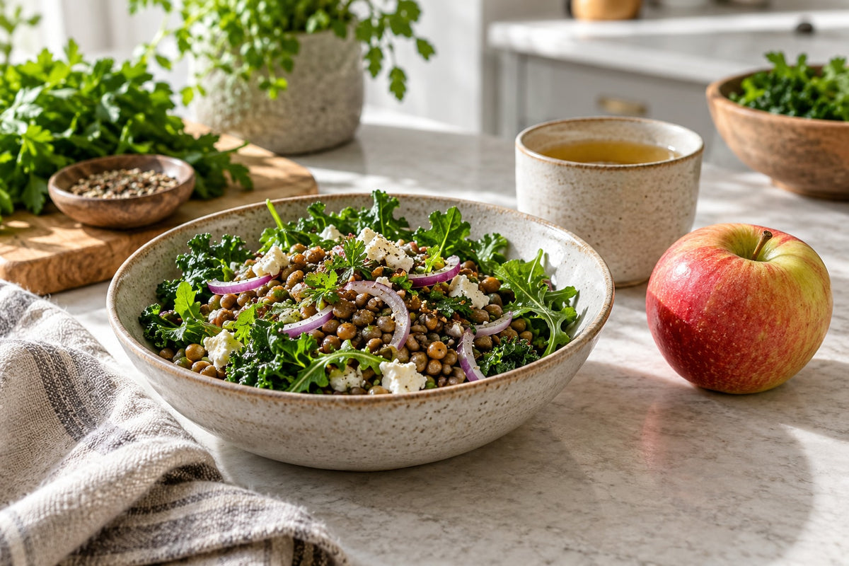 Lentils, vegetables, apple and tea illustrating a varied eating pattern