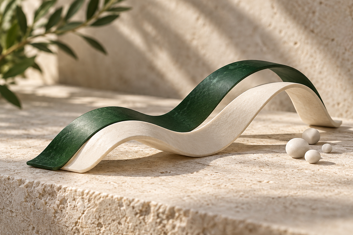 Two parallel sculptural ribbons used to illustrate separate metabolic routes.