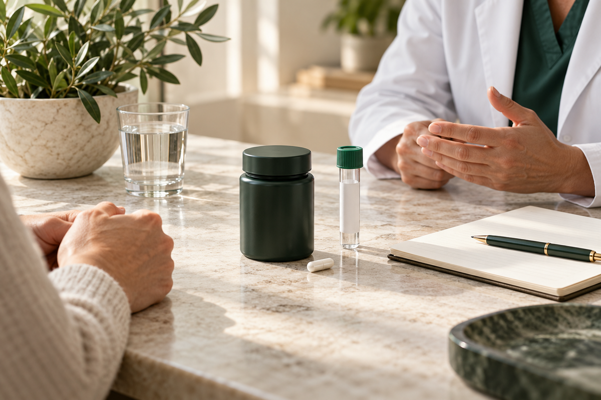 Supplement capsules beside laboratory and consultation materials.