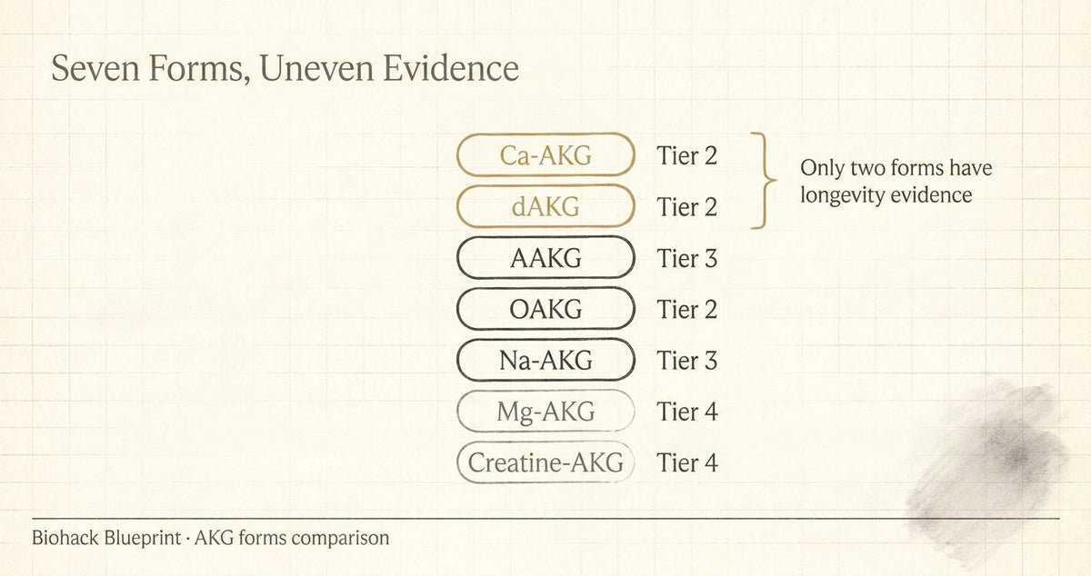 Seven AKG forms ranked by evidence tier with Ca-AKG and delayed-release Ca-AKG highlighted — Biohack Blueprint comparison