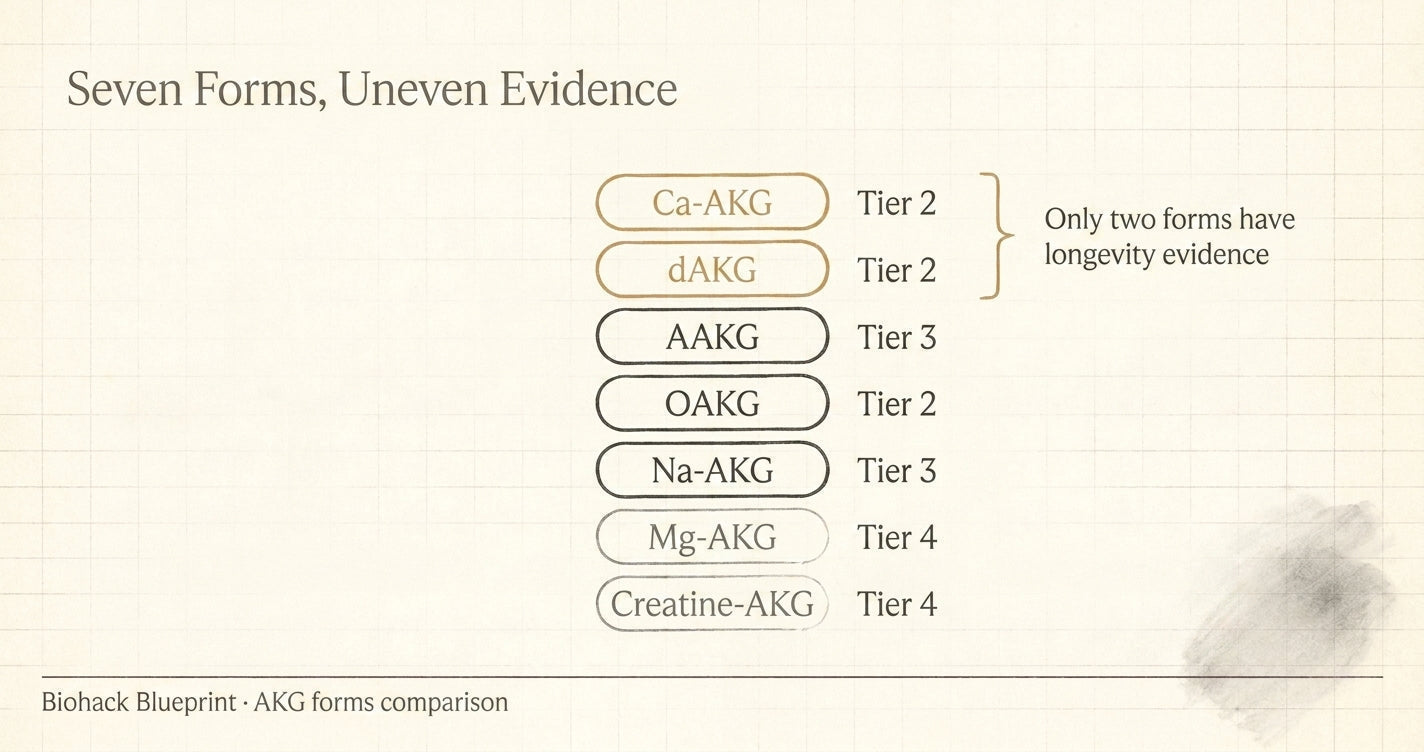 Seven AKG forms ranked by evidence tier with Ca-AKG and delayed-release Ca-AKG highlighted — Biohack Blueprint comparison