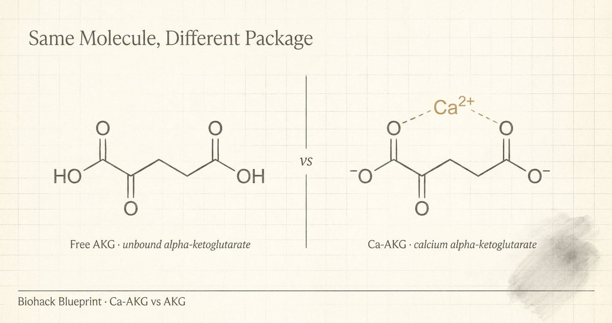 Chemical structures of free AKG and Ca-AKG shown side by side — Biohack Blueprint formulation comparison