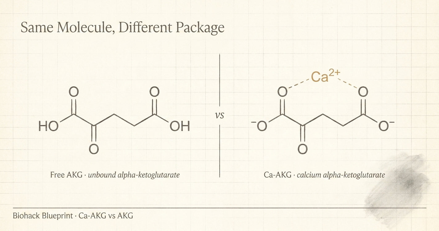 Chemical structures of free AKG and Ca-AKG shown side by side — Biohack Blueprint formulation comparison
