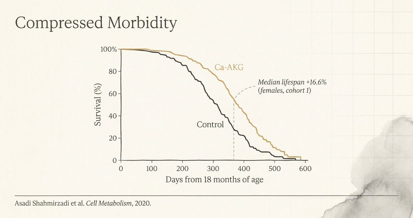 Ca-AKG vs control mouse survival curves from Shahmirzadi 2020 Cell Metabolism study — Biohack Blueprint research explainer
