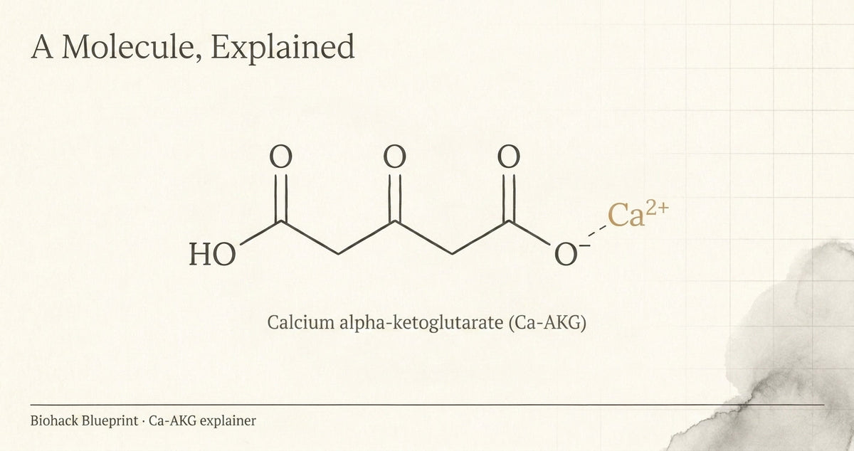 Chemical structure diagram of calcium alpha-ketoglutarate (Ca-AKG) — Biohack Blueprint plain-English explainer