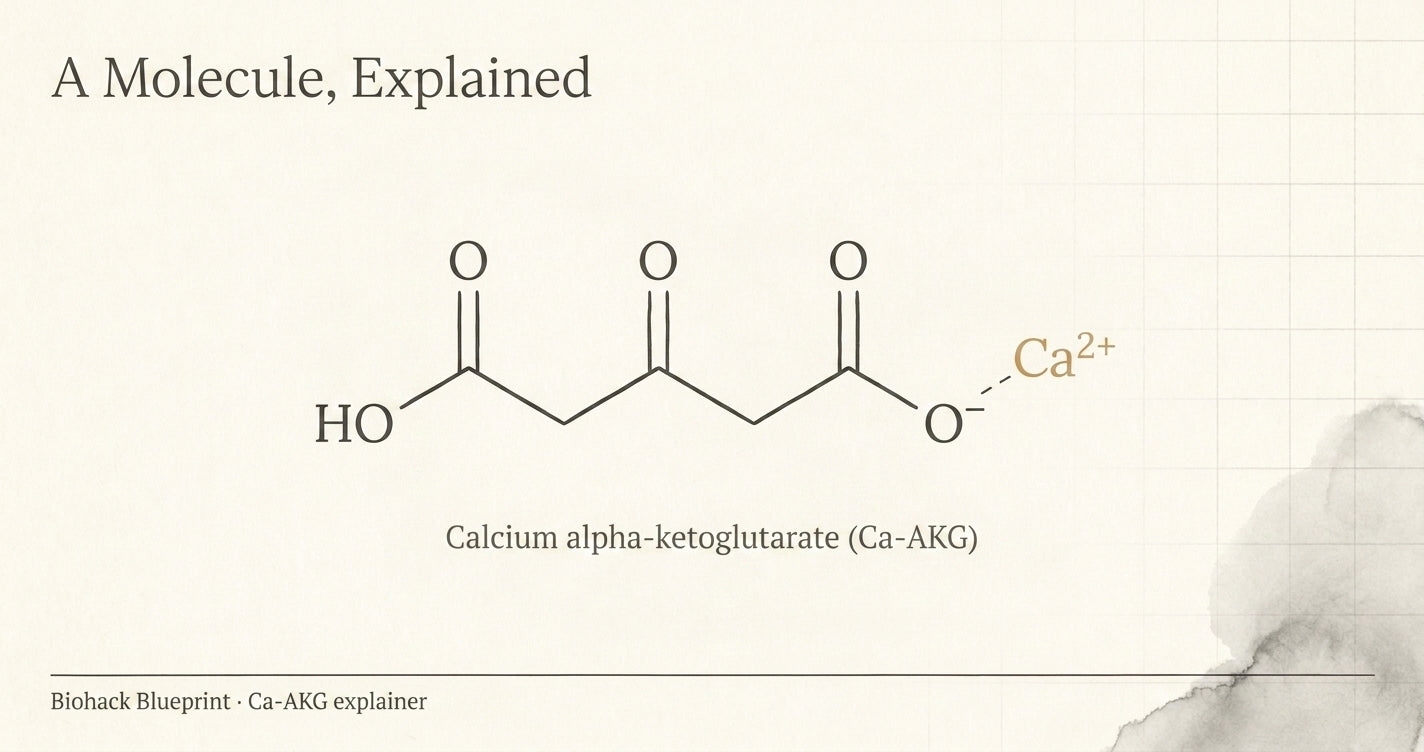 Chemical structure diagram of calcium alpha-ketoglutarate (Ca-AKG) — Biohack Blueprint plain-English explainer
