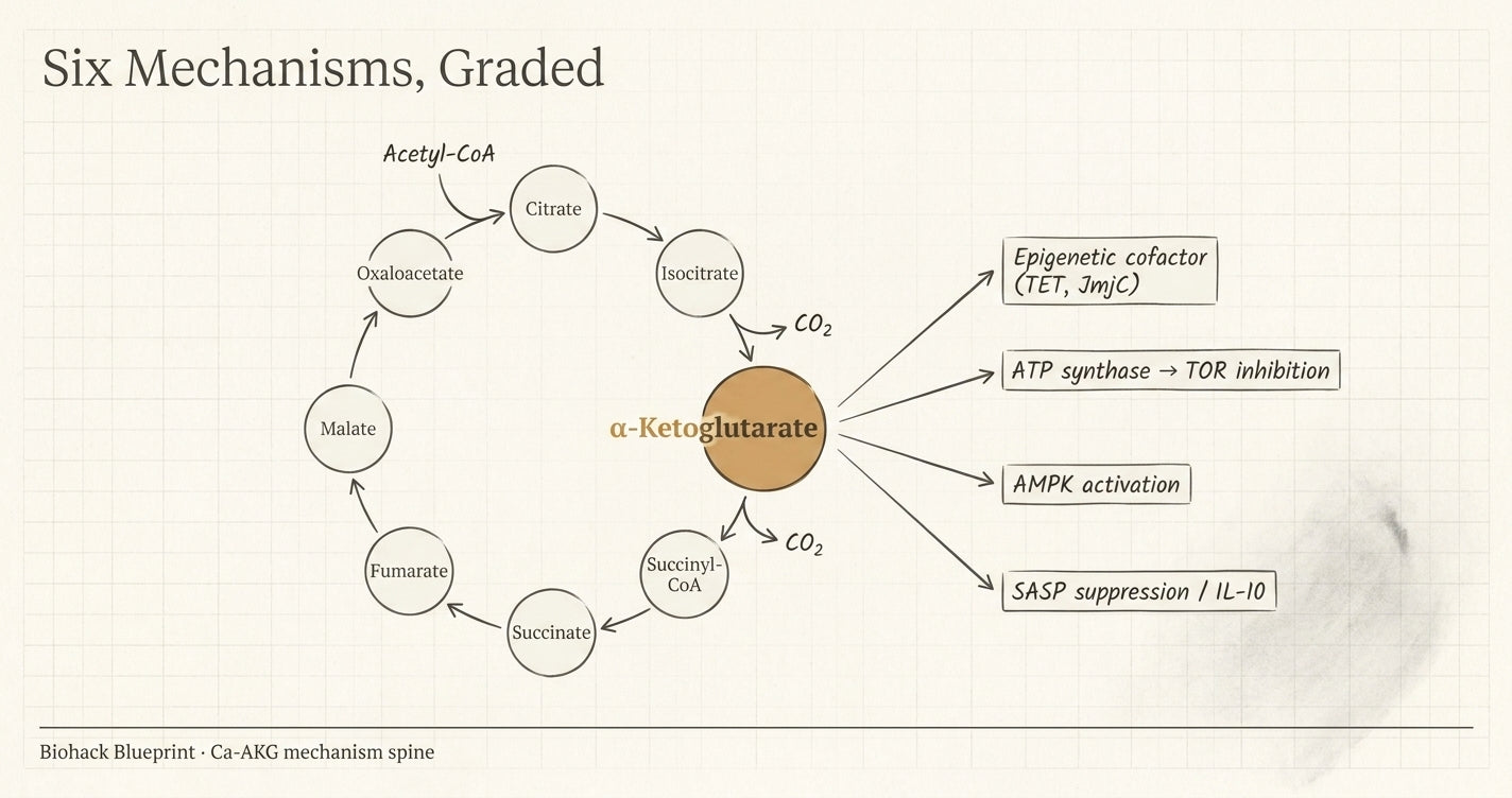 Diagram of the Krebs cycle with alpha-ketoglutarate highlighted and the four downstream Ca-AKG signalling pathways — Biohack Blueprint mechanism explainer