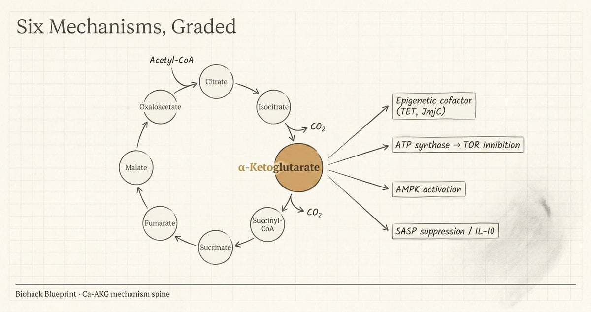 Ca-AKG mechanism diagram covering TCA-cycle metabolism, epigenetic enzymes, nutrient sensing, immune signaling and senescence pathways
