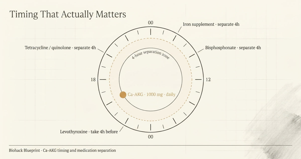 Ca-AKG timing overview showing daily study schedules and medication-specific calcium spacing considerations