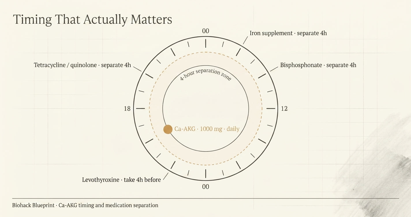 24-hour clock diagram showing Ca-AKG dose timing and the 4-hour medication separation requirements for levothyroxine, iron, bisphosphonates, and tetracyclines — Biohack Blueprint timing reference