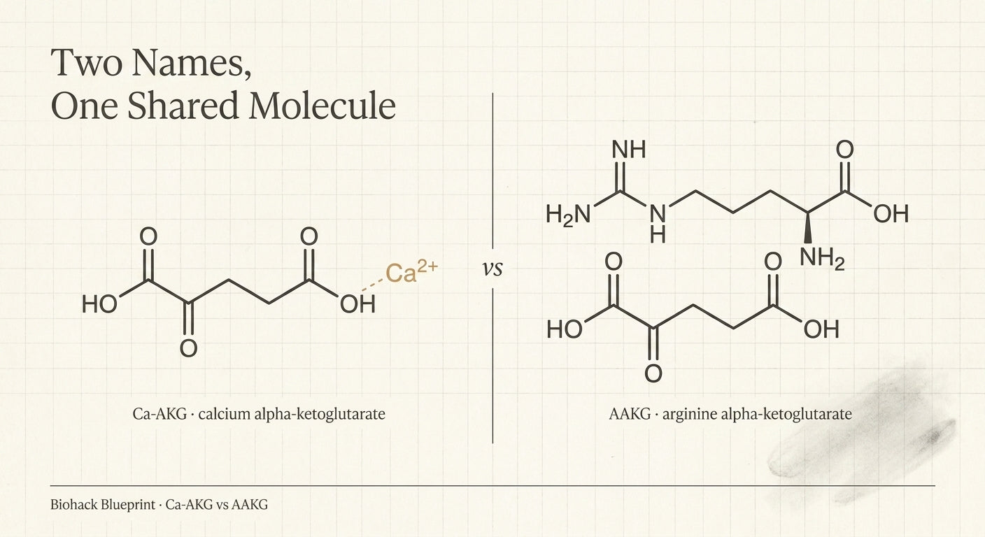Chemical structures of Ca-AKG and AAKG shown side by side — Biohack Blueprint comparison