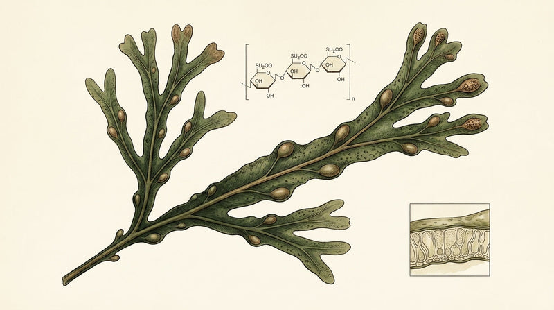 Naturalist-plate illustration of Fucus vesiculosus (bladderwrack) brown seaweed, showing the whole frond with paired air-bladders and reproductive receptacles, with an inset diagram of the fucoidan sulfated fucose repeating unit