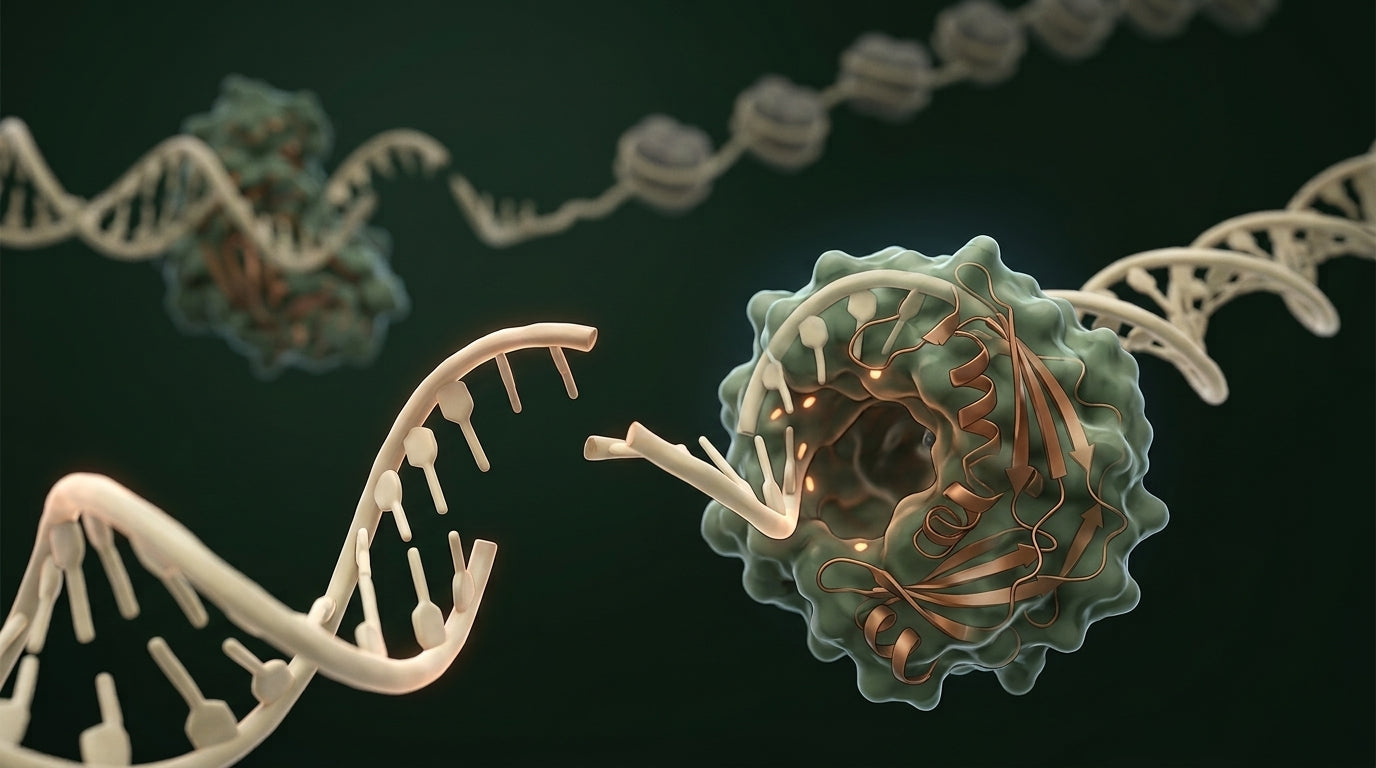 Illustrated close-up rendering of the SIRT6 enzyme binding a broken DNA end via its core-domain tunnel, showing the first-responder mechanism of SIRT6-mediated DNA damage sensing