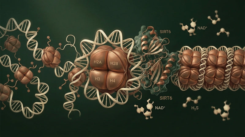 Editorial scientific illustration for a longevity-medicine feature article on SIRT6 and the ageing of chromatin.