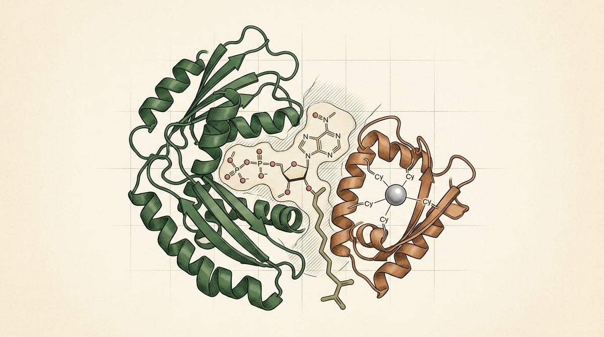 Technical schematic illustration of the SIRT6 enzyme's molecular architecture, showing its Rossmann-fold catalytic domain and zinc-binding domain meeting at the NAD+-binding pocket, with an acetylated-lysine substrate threaded into the active site